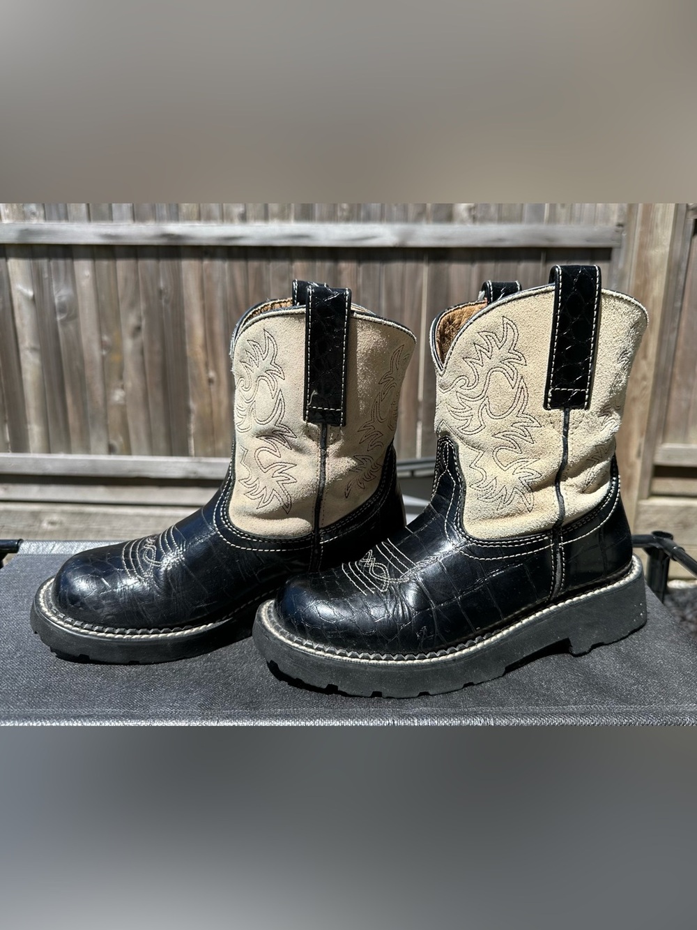 Ariat Black and Beige Western Work Ankle Boots